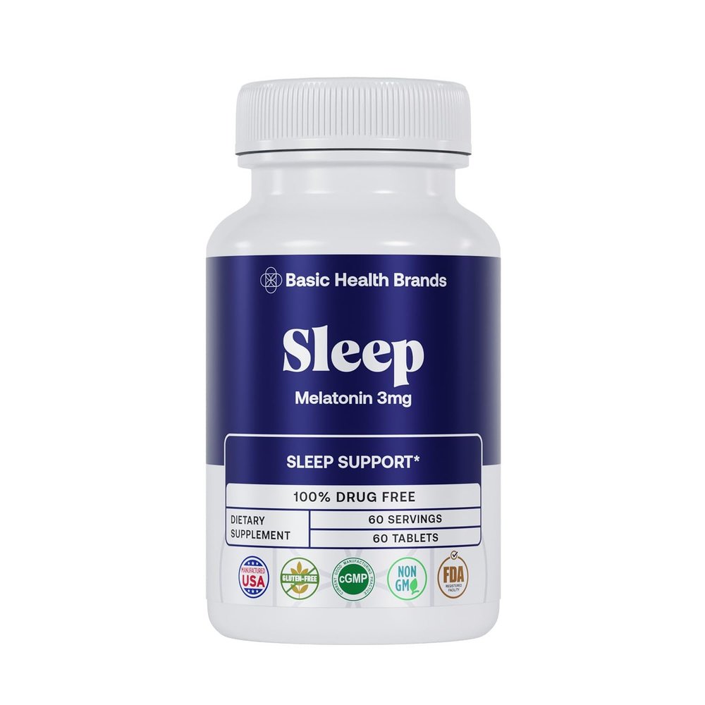 Basic Brands Sleep Melatonin 3 mg  Drug-Free Sleep Support for Adults  Non-Habit Forming, Non-GMO, Vegan  60 Tablets