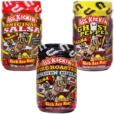 ASS KICKIN' Hot Spicy Salsa Gift Set- 3 Pack - Premium Gourmet Original Habanero, Ghost Pepper and Green Chile and Tequila Salsa for Chips, Veggies, and Breakfast Burritos  Warning - Try if You Dare!