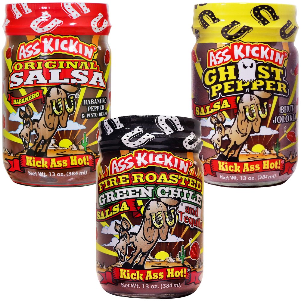 ASS KICKIN' Hot Spicy Salsa Gift Set- 3 Pack - Premium Gourmet Original Habanero, Ghost Pepper and Green Chile and Tequila Salsa for Chips, Veggies, and Breakfast Burritos  Warning - Try if You Dare!