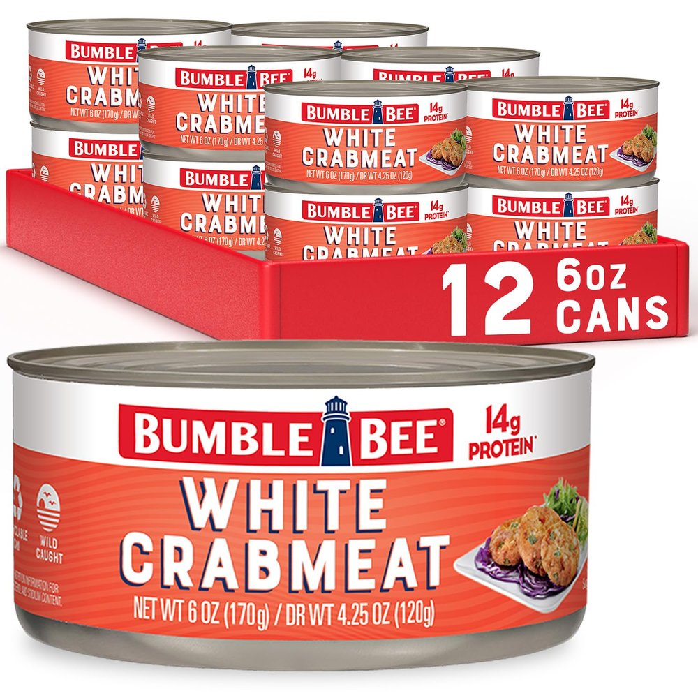 Bumble Bee White Crab Meat in Water, 6 oz Can - 14g Protein & 1g Carb Per Serving - Wild Caught, Flaky, Drain Before Use, 6 Ounce (Pack of 12)