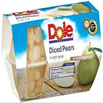 Dole Diced Pears Fruit Bowl in Light Syrup 4-4 oz cups (Pack of 6)