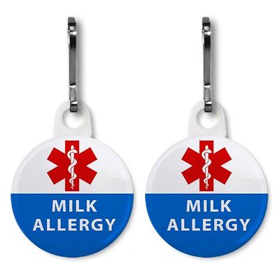 Creative Clam Milk Allergy In Blue Red Medical Alert 2-pack 1 Inch White Zipper Pull Charms