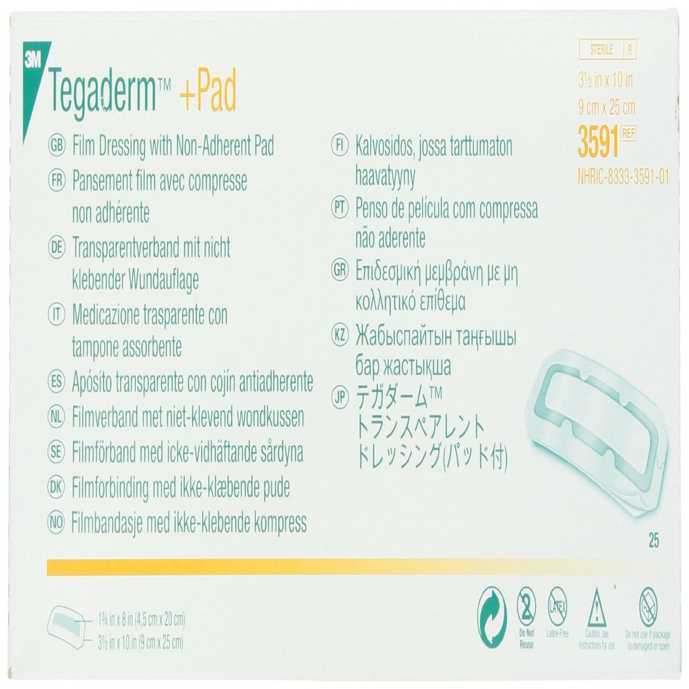 3M Tegaderm +Pad Film Dressing, 3591, 3-1/2 in x 10 in (9 cm x 25 cm), 25 Each/Carton, 4 Carton/Case