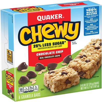 Quaker Chewy Granola Bars, 25% Less Sugar, Chocolate Chip, ( 8 bars/pack - 6 Pack )