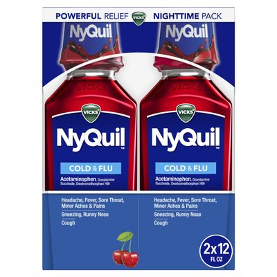 Vicks NyQuil, Nighttime Relief of Cough, Cold & Flu Relief, Sore Throat, Fever, & Congestion Relief, Cherry Flavor, Twin Pack, 12 FL OZ
