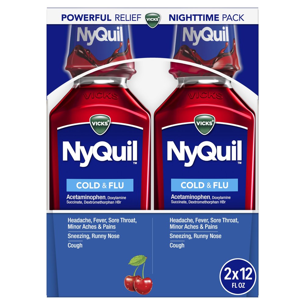 Vicks NyQuil, Nighttime Relief of Cough, Cold & Flu Relief, Sore Throat, Fever, & Congestion Relief, Cherry Flavor, Twin Pack, 12 FL OZ
