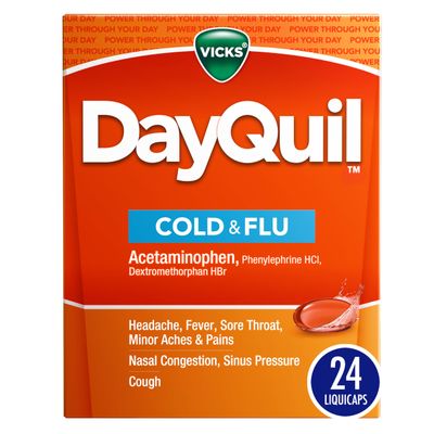 Vicks DayQuil Cold & Flu Medicine, Non-Drowsy Powerful Multi-Symptom Daytime Relief for Headache, Fever, Sore Throat, Minor Aches and Pains, Nasal Congestion, Sinus Pressure and Cough, 24 Liquicaps