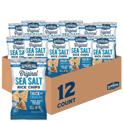 Lundberg Rice Chips, Sea Salt 12-Pack  Plant-Based Snacks Made with Organic California Brown Rice, Pea Protein & Chia Seeds, 5.5 Oz Ea