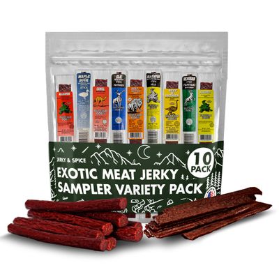 Buffalo Bobs Wild Game Jerky (10-Pack) | Premium Exotic Meat Sampler Gift Pack | Includes Buffalo, Elk, Venison, Ostrich, Wild Boar, Camel, Alligator Jerky | Ideal for Trips, Camping & Hiking