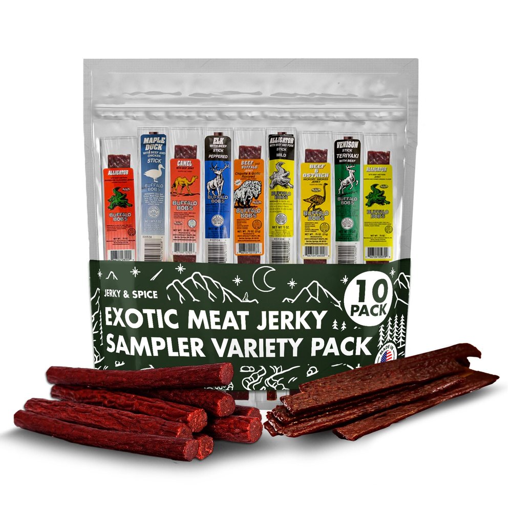 Buffalo Bobs Wild Game Jerky (10-Pack) | Premium Exotic Meat Sampler Gift Pack | Includes Buffalo, Elk, Venison, Ostrich, Wild Boar, Camel, Alligator Jerky | Ideal for Trips, Camping & Hiking
