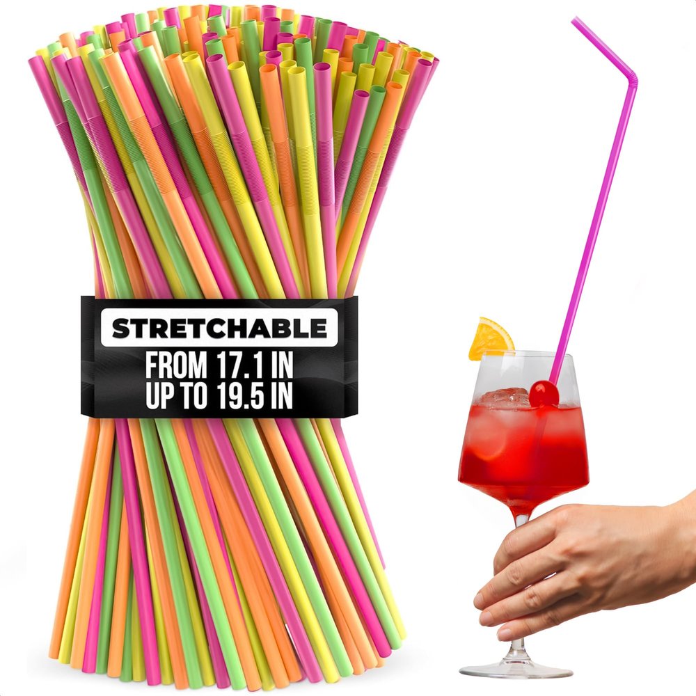 200 Pcs Extra Long Straws Disposable 17.1"19.5" with 0.32" Diameter Flexible Plastic Super Long Straws, Stretchable & Bendable for Large Cups | Bright Colors for Cold Drinks, Tall Tumblers & Events