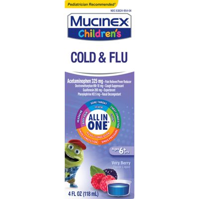 Cold, Cough, and Sore Throat, Mucinex Children's Cold, Cough, & Sore Throat Liquid, Mixed Berry, 4oz (Packaging May Vary) Controls Cough, Relieves Nasal & Chest Congestion, Thins & Soothes Sore Throat, 4.0 ounces