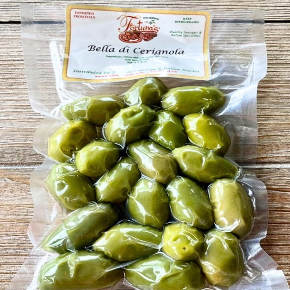Fortuna's Bella Di Cerignola Olives - Hand-picked, Brine-cured, Slightly Sweet Green Olives from Italy - Perfect for Salads, Antipasti, and Snacks - 8oz Bag - Authentic Ingredients
