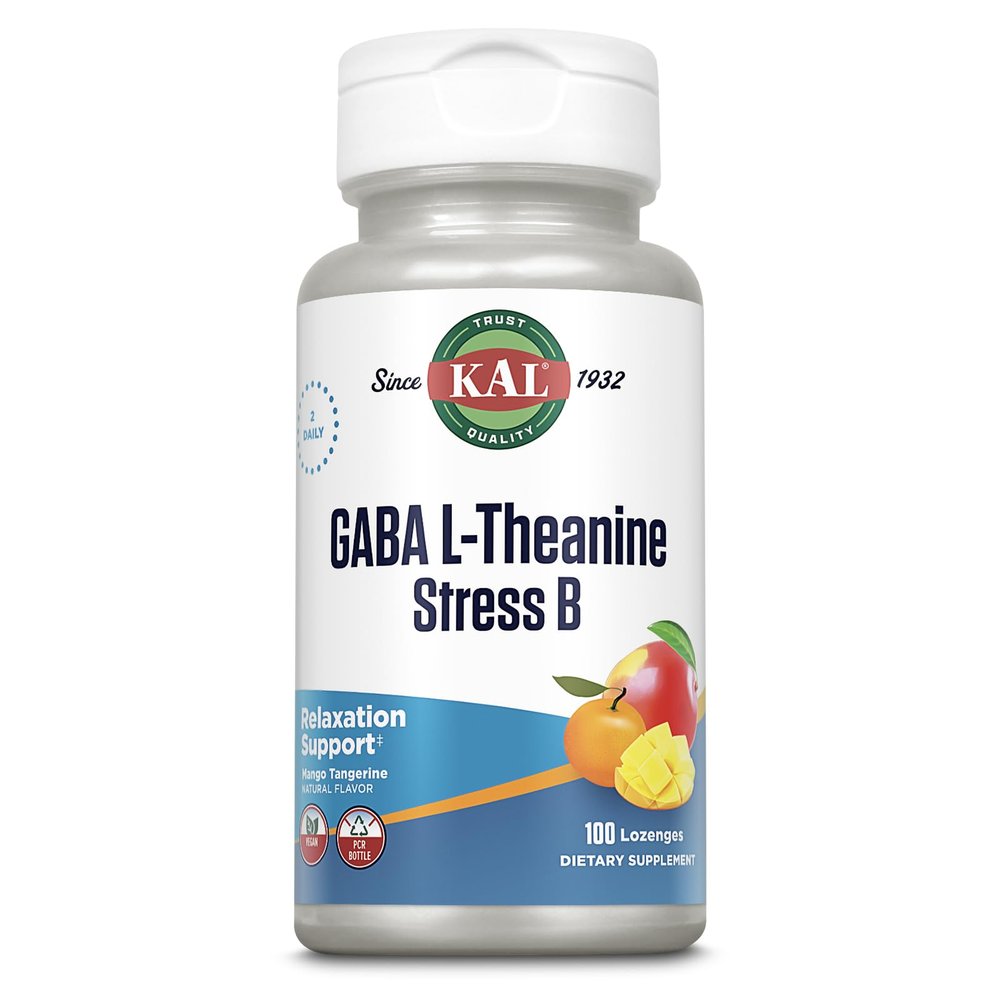 KAL GABA L-Theanine Stress B Lozenge, B Complex Vitamin Supplement, Healthy Relaxation, Mood & Focus Support, Natural Mango Tangerine Flavor, Vegan, 50 Servings, 100 Lozenges