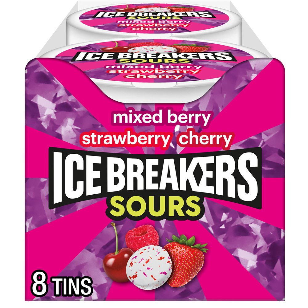 ICE BREAKERS Sours Assorted Fruit Flavored Sugar Free Mints Tin, 1.5 oz (Pack of 8)
