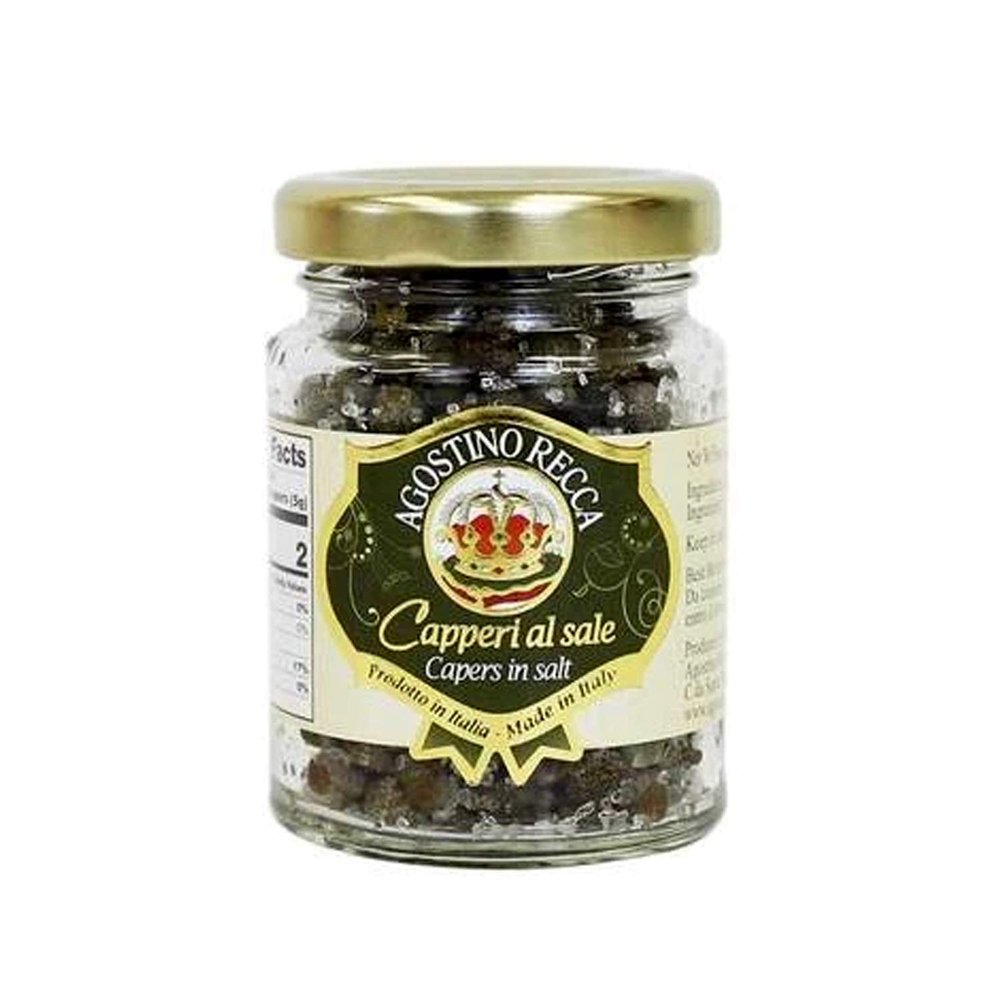 Agostino Recca Capers in Sea Salt - Pickled Capers Best for Sauces, Meats, & Garnishes (2.2 oz)