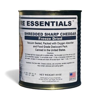 Future Essentials Freeze Dried Shredded Sharp Cheddar Cheese  Real Dairy Shredded Cheddar Cheese  Long Shelf Life Emergency Food  Easy to Use in Recipes & Made in the USA  10 oz #2.5 Can, 1-Pack