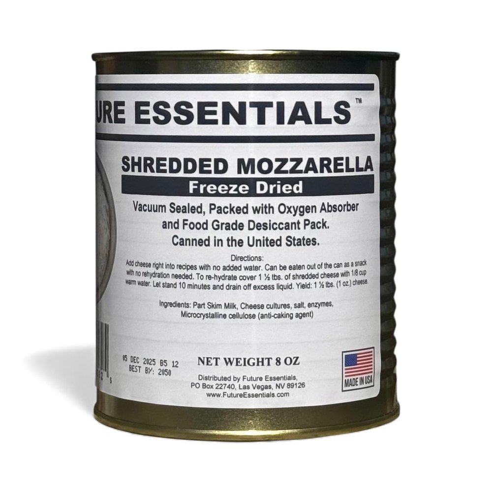 Future Essentials Freeze Dried Shredded Mozzarella Cheese  Real Dairy Mozzarella Cheese Shredded  Long Shelf Life Emergency Food  Easy to Use in Recipes & Made in the USA  8 oz #2.5 Can