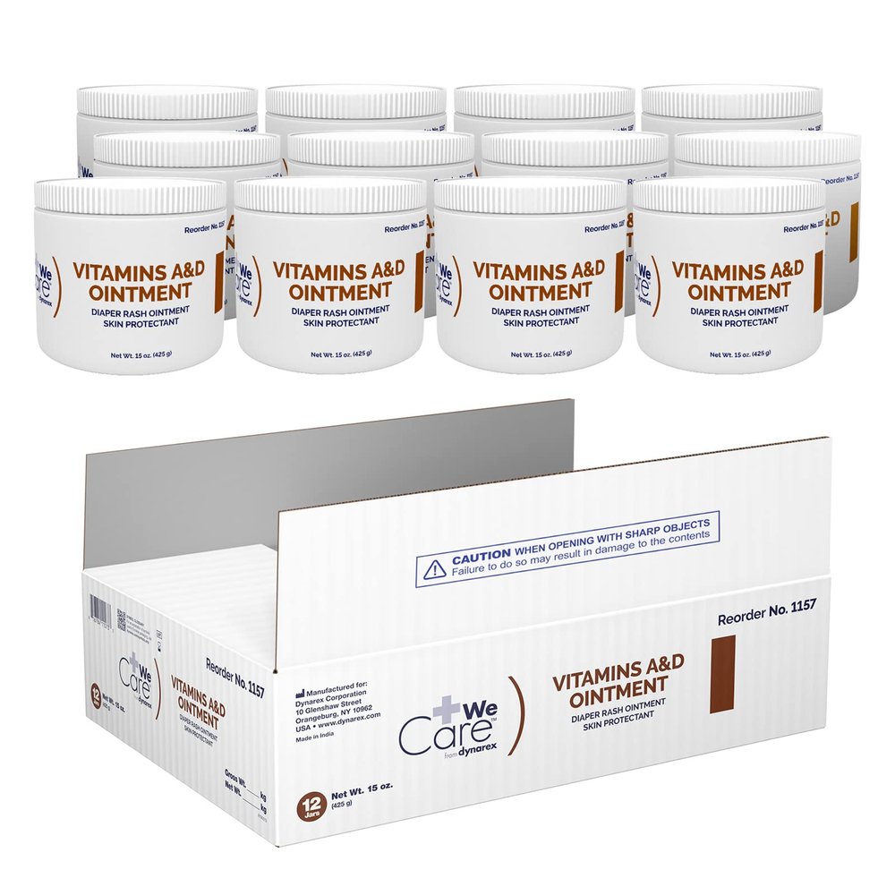 Dynarex Vitamins A & D Ointment, Ointment with Vitamin A and Vitamin D Skin Protectant, for Diaper Rash and Discomfort, White, 12 15 oz Jars