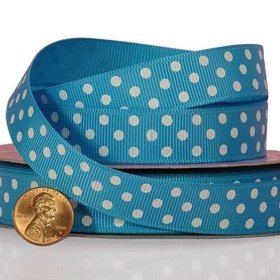 3/8" X 25 Yards Turquoise/White Polka Dots Grosgrain Ribbon