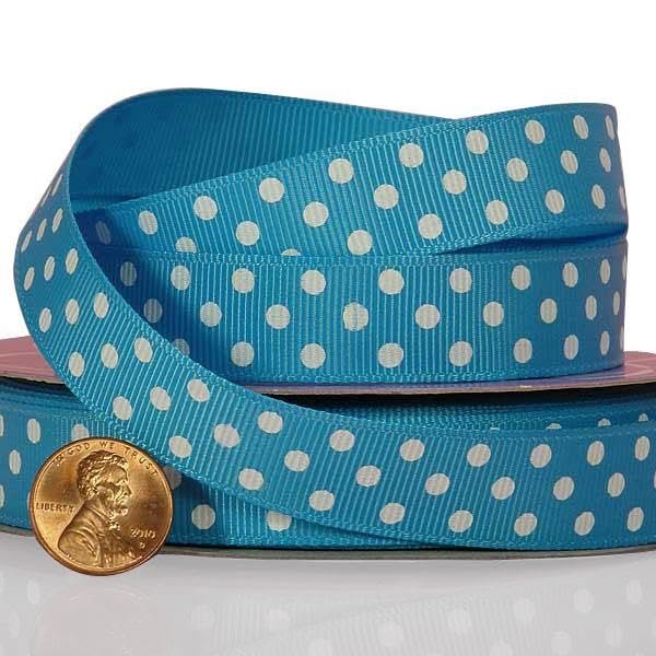 3/8" X 25 Yards Turquoise/White Polka Dots Grosgrain Ribbon