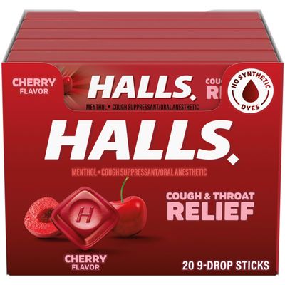HALLS Cough and Throat Relief Cherry Cough Drops, 20 Sticks of 9 (180 Total Drops)