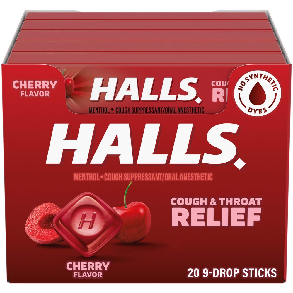 HALLS Cough and Throat Relief Cherry Cough Drops, 20 Sticks of 9 (180 Total Drops)