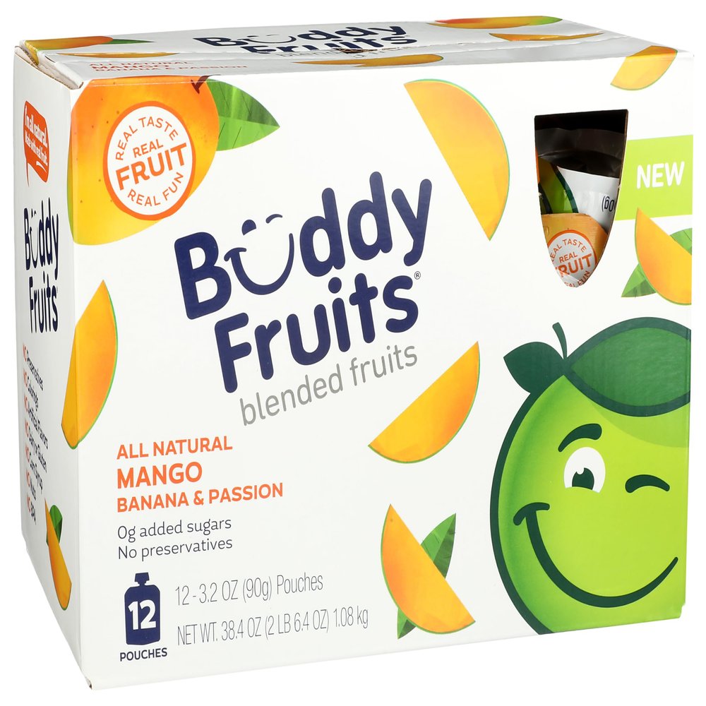 Buddy Fruits Pure Blended Fruit Snack To Go Apple, Mango, Banana and Passion Fruit Applesauce 3.2oz (Pack of 12) | 100% Real Fruit | No Sugar, Non GMO, Vegan, No Preservatives, Certified Kosher