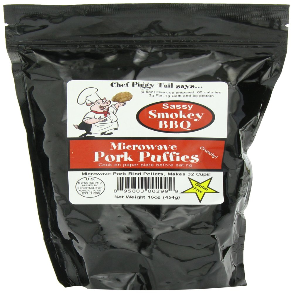 Chef Piggy Tail Microwave Pork Puffies Pork Rinds, Smokey BBQ, 16 Ounce