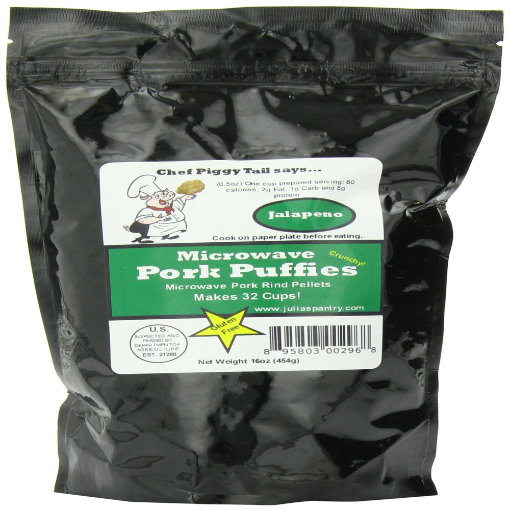 Chef Piggy Tail Microwave Pork Puffies Pork Rinds, Jalapeno, 16 Ounce