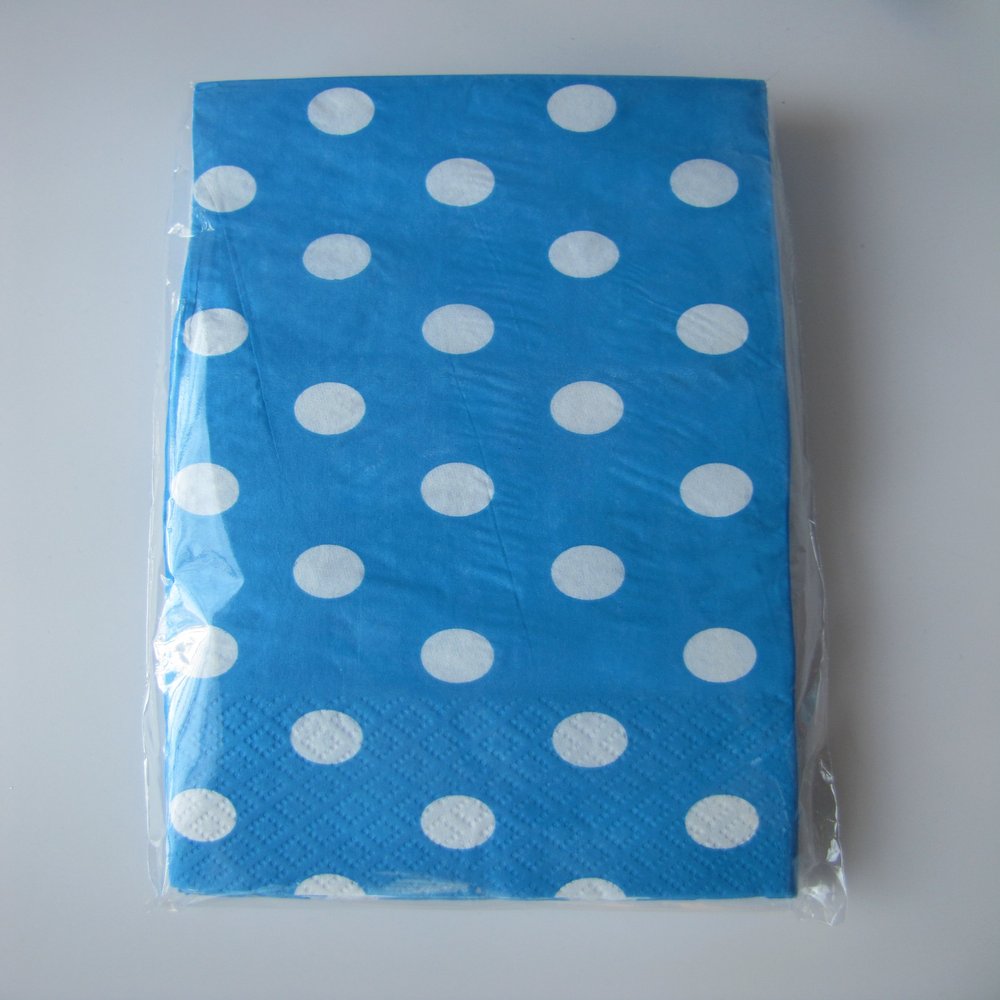 16 Party Napkins in Blue with White Polka Dots, 13 in X 15.75 In