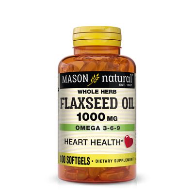 MASON NATURAL Flaxseed Oil 1000mg Omega 3-6-9 Softgels for Heart Health Cold-Pressed Whole Herb Supplement Gluten-Free, Non-GMO, 100 Softgels