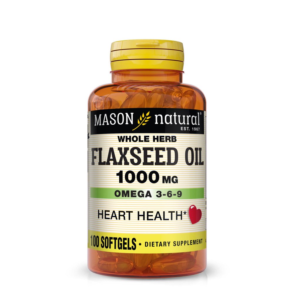 MASON NATURAL Flaxseed Oil 1000mg Omega 3-6-9 Softgels for Heart Health Cold-Pressed Whole Herb Supplement Gluten-Free, Non-GMO, 100 Softgels