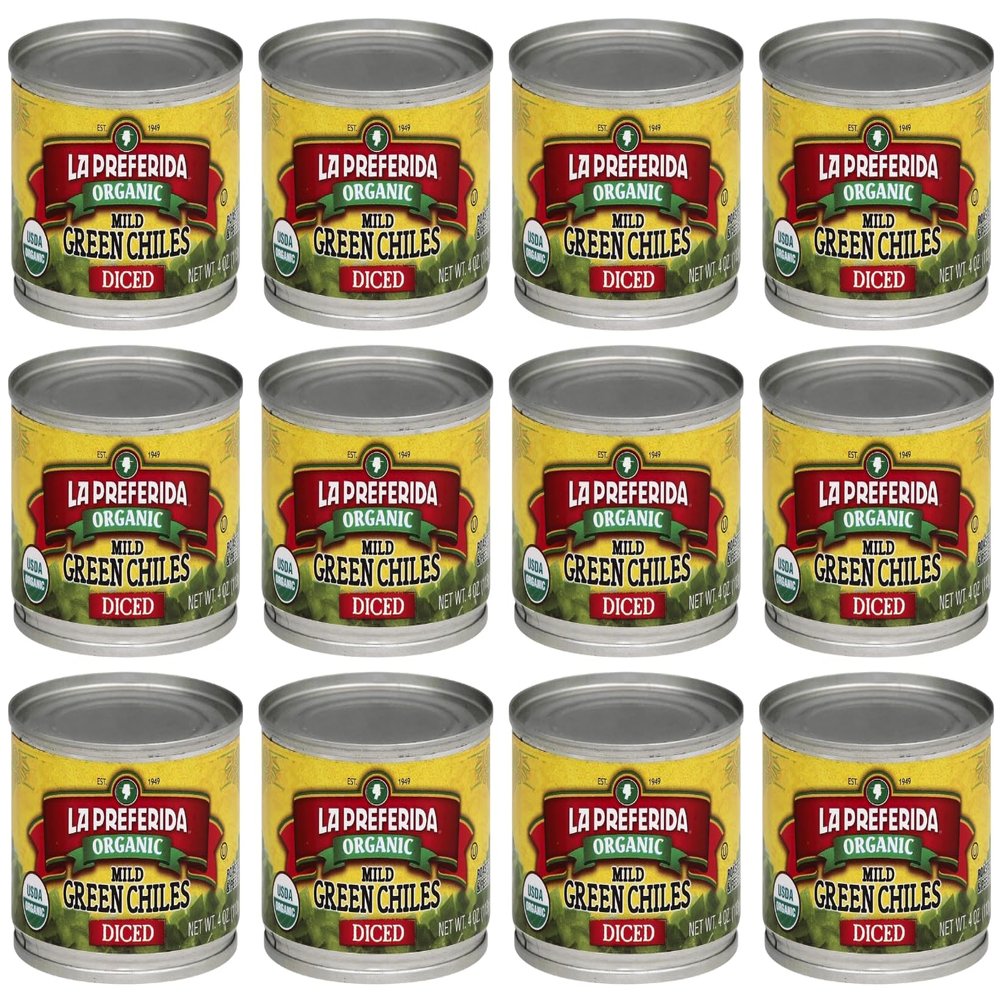 La Preferida Organic Diced Green Chile Peppers Fire-Roasted & Peeled Perfect for Tacos, Casseroles & Nachos, 4oz (Pack of12)
