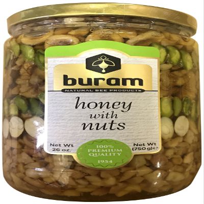 Buram Honey with Nuts, Premium Quality Honey Dipped Mix Nuts with Gourmet Savory Flavor, Great for Snacking, Spread and Baking, Resealable Jar, 26 Ounce