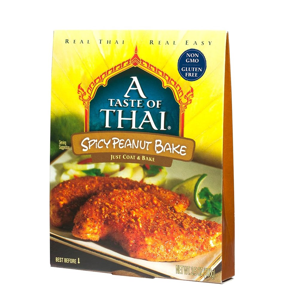 A Taste of Thai Spicy Peanut Bake Authentic Thai Seasoned Coating Mix for Chicken, Fish & Pork Gluten-Free & Non-GMO Sweet & Spicy Peanut Crust Bake, Air Fry or Grill 3.5 oz (Pack of 1)