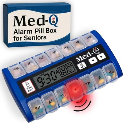 Med-Q Digital Pill Box with Alarms  Pill Organizer with Flashing Lights & Beeping Reminders  Monthly Pill Dispenser for Seniors, Dementia, Alzheimers, Medication & Vitamin Management