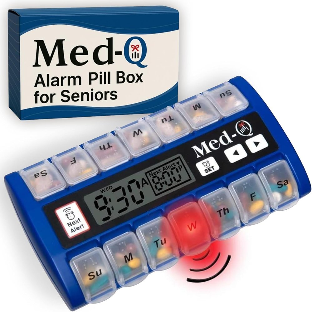 Med-Q Digital Pill Box with Alarms  Pill Organizer with Flashing Lights & Beeping Reminders  Monthly Pill Dispenser for Seniors, Dementia, Alzheimers, Medication & Vitamin Management