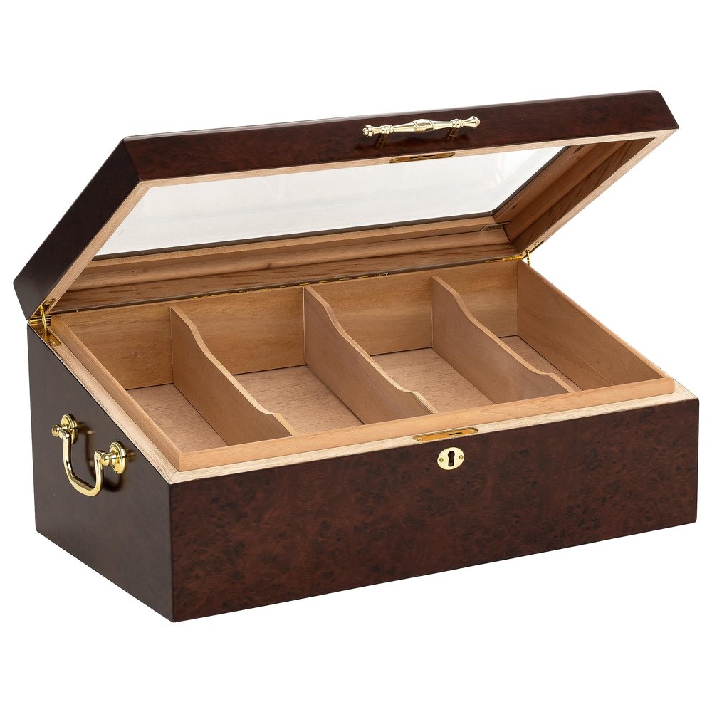 Burl Finish Counter Top Display Humidor, Digital Hygrometer, Rear Drawer, 150 Count