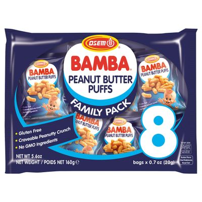Osem Bamba Peanut Butter Puffs - Peanut Butter Puffs Bulk, Vegan PB Snack with Crunch for Kids, Grain Free Protein Snack, No Sugar, Family Pack - 0.7oz Bags (Pack of 8)