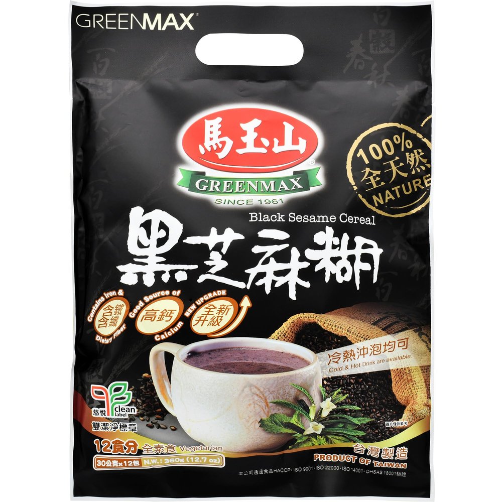 GreenMax Black Sesame Cereal Drink  12 Sachets x 30g (360g Total), Instant Powdered Beverage, Made in Taiwan  No Artificial Flavors or Preservatives, Vegetarian-Friendly