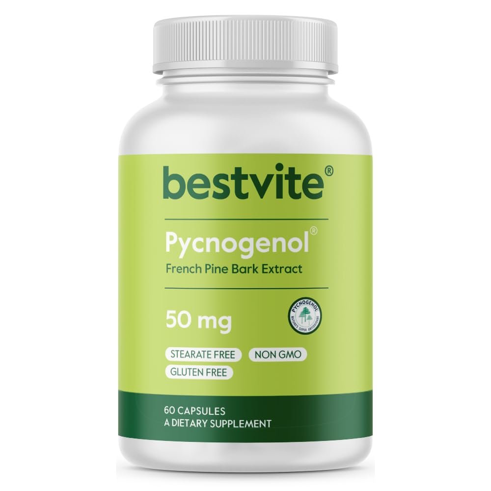BESTVITE Pycnogenol 50mg (60 Capsules) - French Maritime Pine Bark Extract - No Stearates - Gluten Free - Non GMO