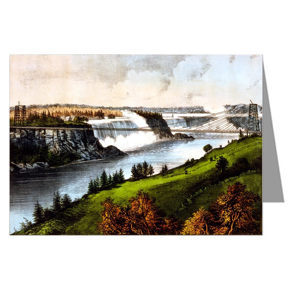 12 Note Cards of Currier and Ives Handcolored Lithograph Titled"The New Suspension Bridge - Niagara Falls."