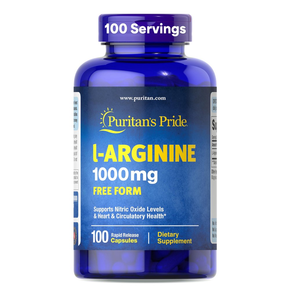Puritan's Pride L-Arinine 1000mg, Dietary Supplement Supports Nitric Oxide Levels and Heart and Circulatory Heath, 100 Day Supply, 100 Tablets