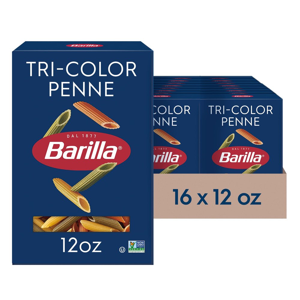 Barilla Tri-Color Penne Pasta, 12 oz. Box (Pack of 16) - Non-GMO, Made with Durum Wheat Semolina - Kosher Certified