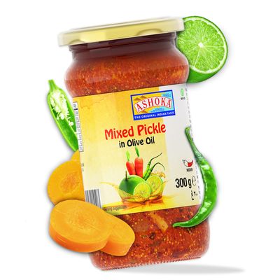 Ashoka 1932 | Premium Olive Oil Pickle | All Natural | Mix Pickled Relish | Kosher Certified | Popular Indian Condiment | Pickled Pantry | Traditional Indian Pickle | 300 Grams (Pack of 1)