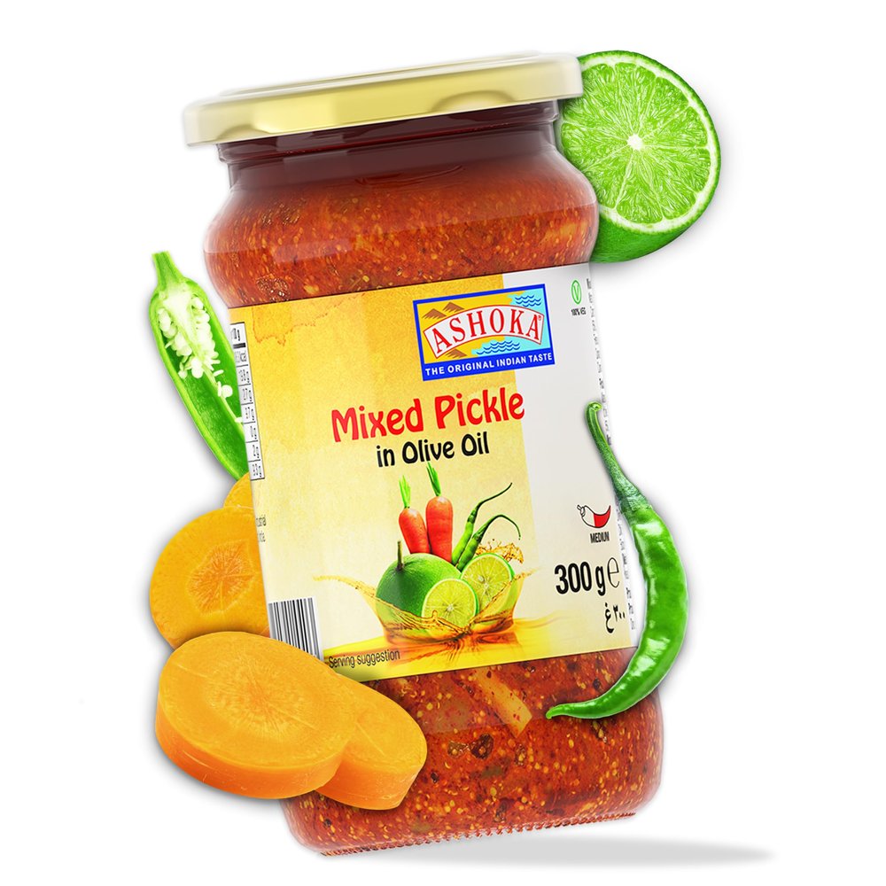 Ashoka 1932 | Premium Olive Oil Pickle | All Natural | Mix Pickled Relish | Kosher Certified | Popular Indian Condiment | Pickled Pantry | Traditional Indian Pickle | 300 Grams (Pack of 1)