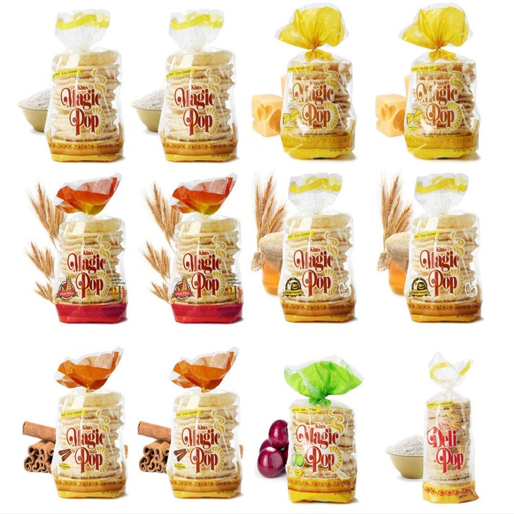 Kim's Magic Pop Freshly Popped Rice Cake Combo B 12 Bags | 15 Cakes per Bag | Vegan | Low Carb, Sugar Free, Fat Free, Natural, Multigrain Korean Snack | Easy Bread, Chip, Cracker Replacement