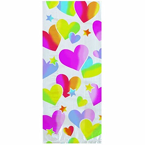 Amscan Festive Sparkle Hearts Small Cellophane Party Bags, 9-1/2 x 4 x 2-1/4", White