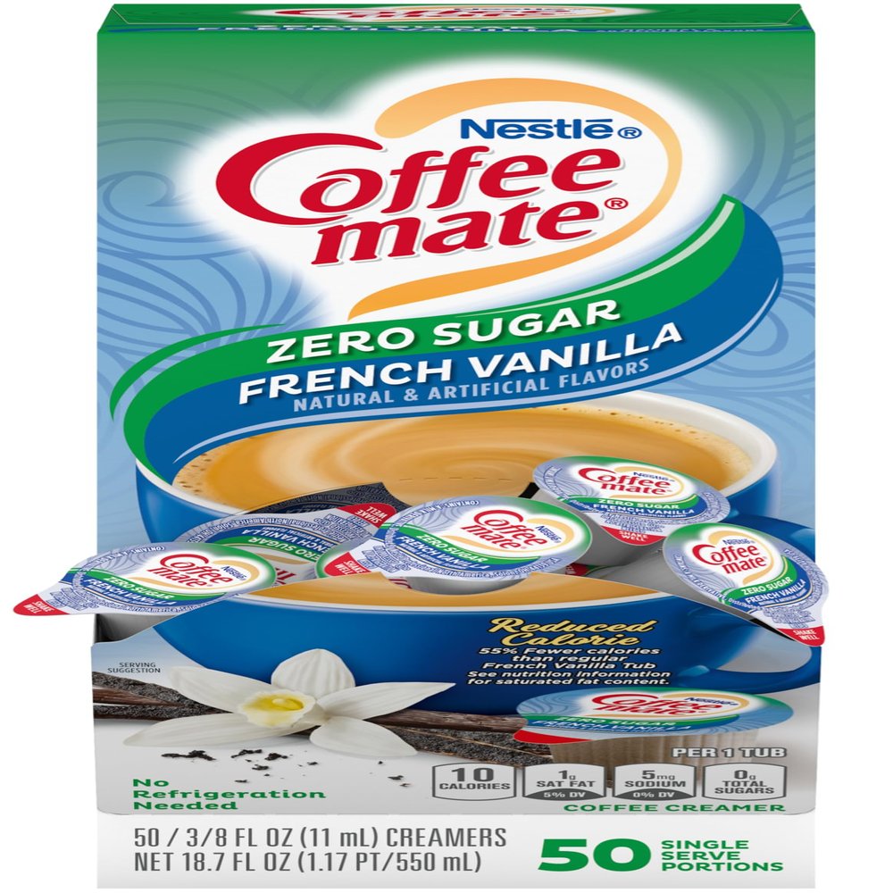 Nestle Coffee mate Coffee Creamer, Sugar Free French Vanilla, Liquid Creamer Singles, Non Dairy, No Refrigeration, Box of 50 Singles